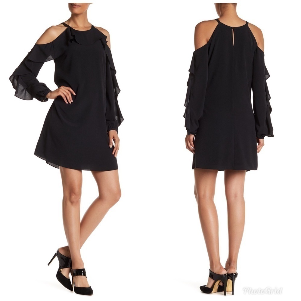 Marchesa Rose Cold Shoulder Ruffle Black Dress S